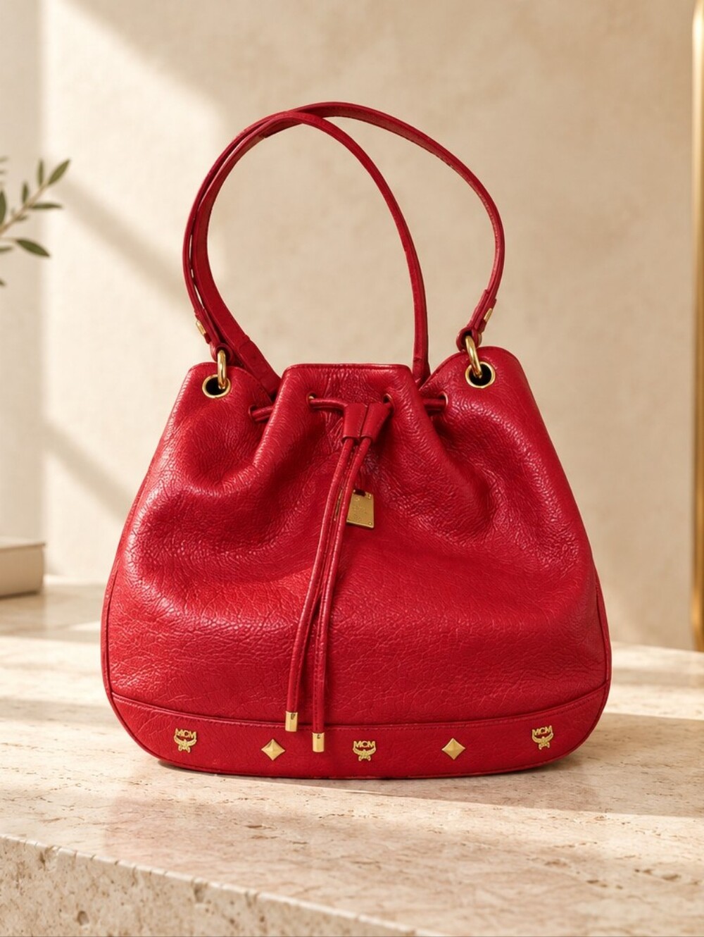 MCM Red Pebbled Leather Drawstring Shoulder Bag